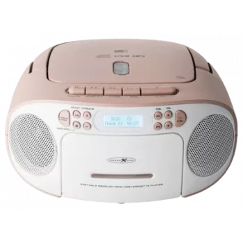 Przenośny boombox Reflexion RCR2260DAB — biało-różowy, radio cyfrowe DAB+, zasilanie sieciowe i bateryjne