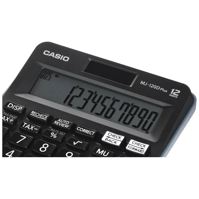 Kalkulator biurkowy CASIO MJ-120D PLUS — podstawowy 12-cyfrowy, bateria/słoneczny, 35 klawiszy, podatek i pierwiastek kwadratowy, czarny