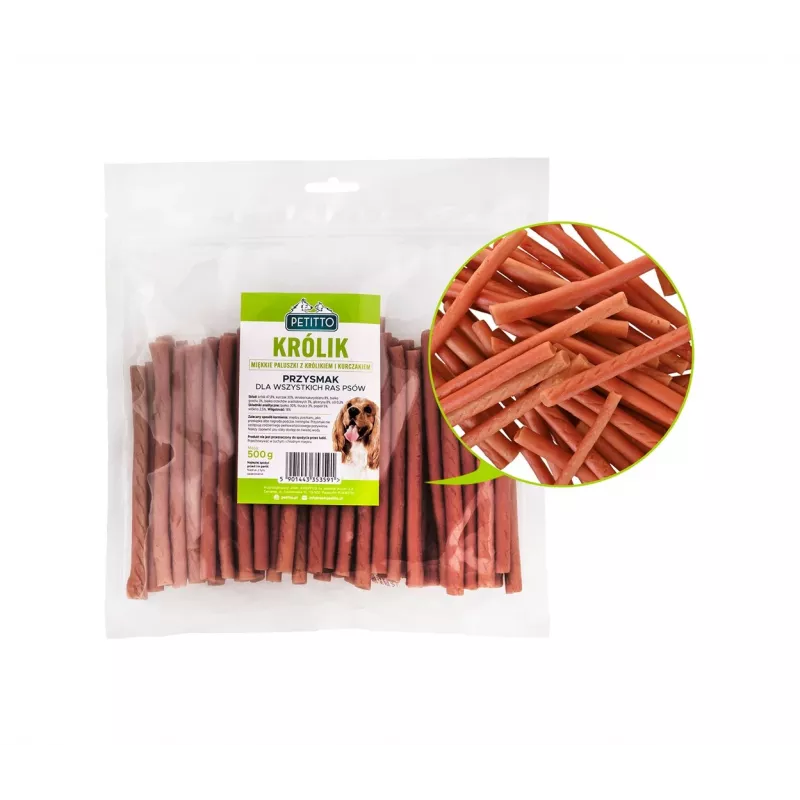 Przysmaki dla psów PETITTO Soft rabbit fingers — miękkie gryzaki o smaku królika dla psów, 500 g, przysmak treningowy, dla dorosłych, bez soi, bez glutenu