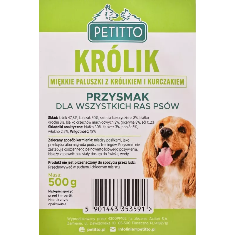Przysmaki dla psów PETITTO Soft rabbit fingers — miękkie gryzaki o smaku królika dla psów, 500 g, przysmak treningowy, dla dorosłych, bez soi, bez glutenu