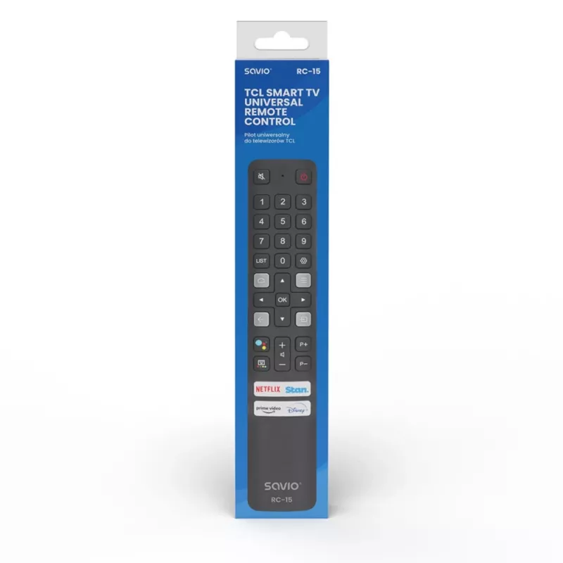 Uniwersalny pilot zdalnego sterowania SAVIO RC-15 do telewizorów TCL SMART TV, bezprzewodowy IR, czarny, zasięg 10 m