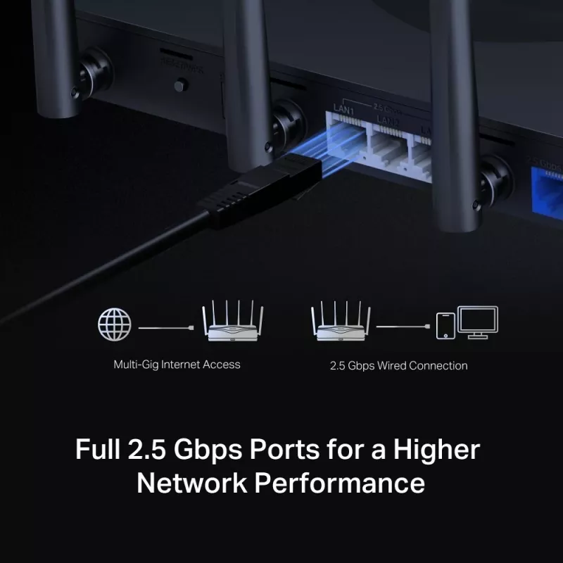 Router biurkowy MERCUSYS MR47BE — Trójpasmowe Wi‑Fi 7 (2.4/5/6 GHz), 9300 Mbps, 3× RJ‑45, 2.5GbE, 6 zewnętrznych anten