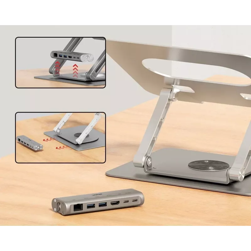 Stojak na laptopa Unitek D1109B01 — aluminiowy regulowany stojak z odłączanym modułem USB‑C HDMI 4K PD 100W, 2x USB‑A, RJ‑45, do 17 cali