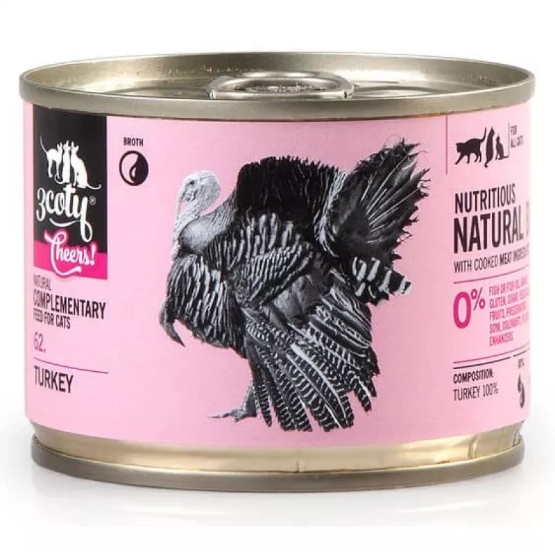 Uzupełniająca mokra karma dla kota 3coty TURKEY Cheers! puszka 160 g — monobiałkowa, dla dorosłych kotów, bez glutenu i cukru