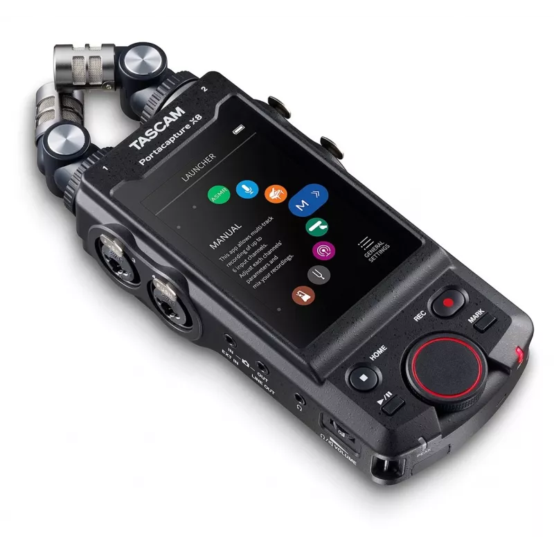 Przenośny wielościeżkowy rejestrator audio Tascam Portacapture X8 — 6 kanałów, 24/32-bit, do 96 kHz, 4 wejścia combo XLR/TRS, karta SD, USB-C, zasilanie bateryjne lub sieciowe