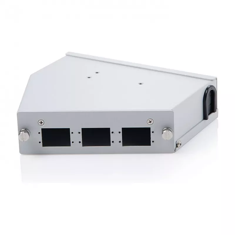 Rozdzielacz światłowodowy do sklejania na szynę DIN DIGITUS DN-96893 — kątowy, 6 SC DX / LC Quad, aluminium, szary