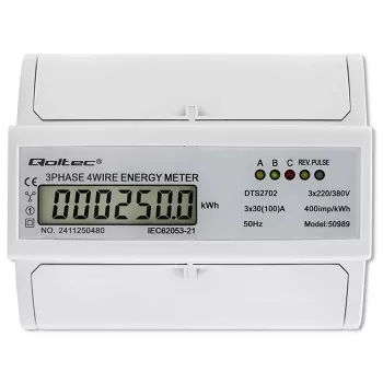 Qoltec Trójfazowy Dwukierunkowy Licznik Elektroniczny | Licznik energii na szynę DIN | 400V | 100A | LCD | 4P