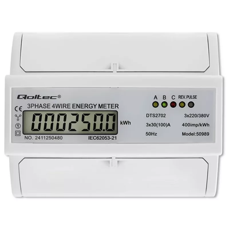 Qoltec Trójfazowy Dwukierunkowy Licznik Elektroniczny | Licznik energii na szynę DIN | 400V | 100A | LCD | 4P