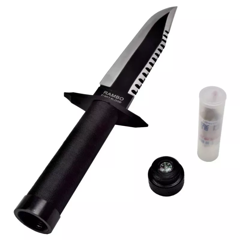 Nóż survivalowy ze stałą głownią, klasyk filmowy Rambo I CC-H1 — długość całkowita 360 mm, ząbkowana głownia stalowa 225 mm, czarna skórzana pochwa