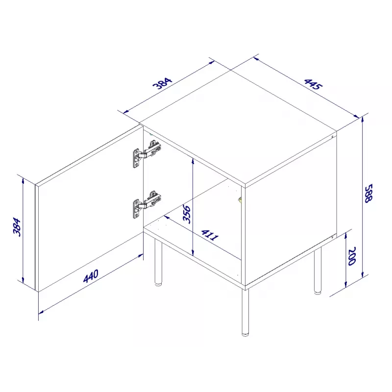 Zestaw 2 stolików nocnych cama meble PALAZZO 44,5×40×59 cm czarny i dąb kraft — 1 drzwiczki, laminat matowy, metalowe nogi