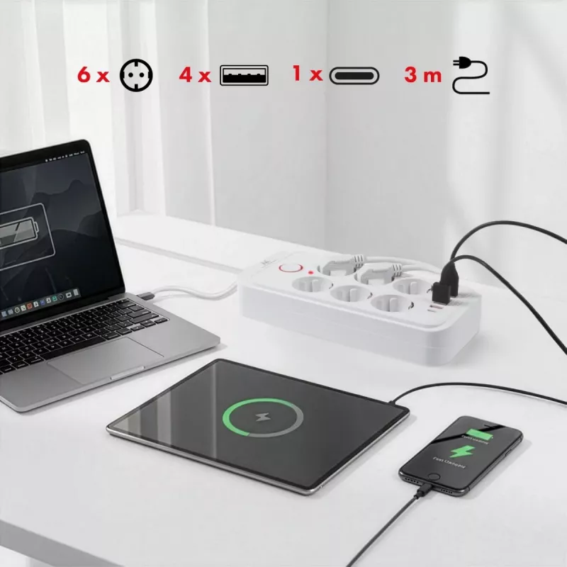 Listwa zasilająca MACLEAN MCE391 W — 6 gniazd, 4×USB-A + 1×USB-C, kabel 3 m, 110–240 V, 2500 W, biała