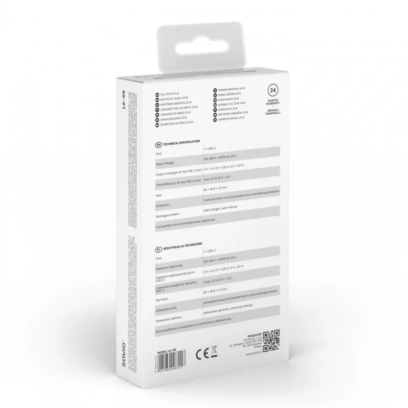 Ładowarka ścienna 20W LA-09 USB-C QC, PD 3.0 Savio SAVLA-09