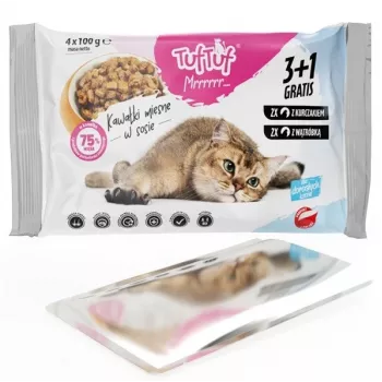 Mokra karma dla kota TufTuf Variety Pack 4×100 g (2×kurczak, 2×wątróbka) - dla dorosłych kotów, karma pełnoporcjowa, wilgotność 81,5%