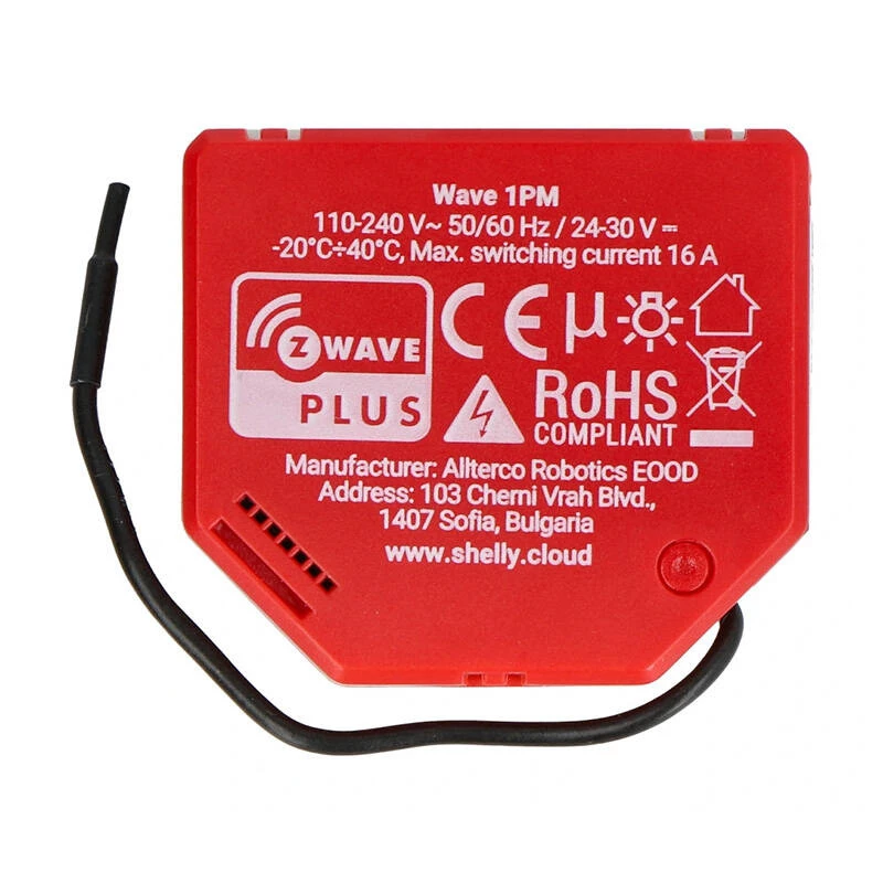 Inteligentny przełącznik Shelly W 1PM plastikowy 16A 110–240V, Z‑Wave, 868,4 MHz, czerwony, 42×37×16 mm