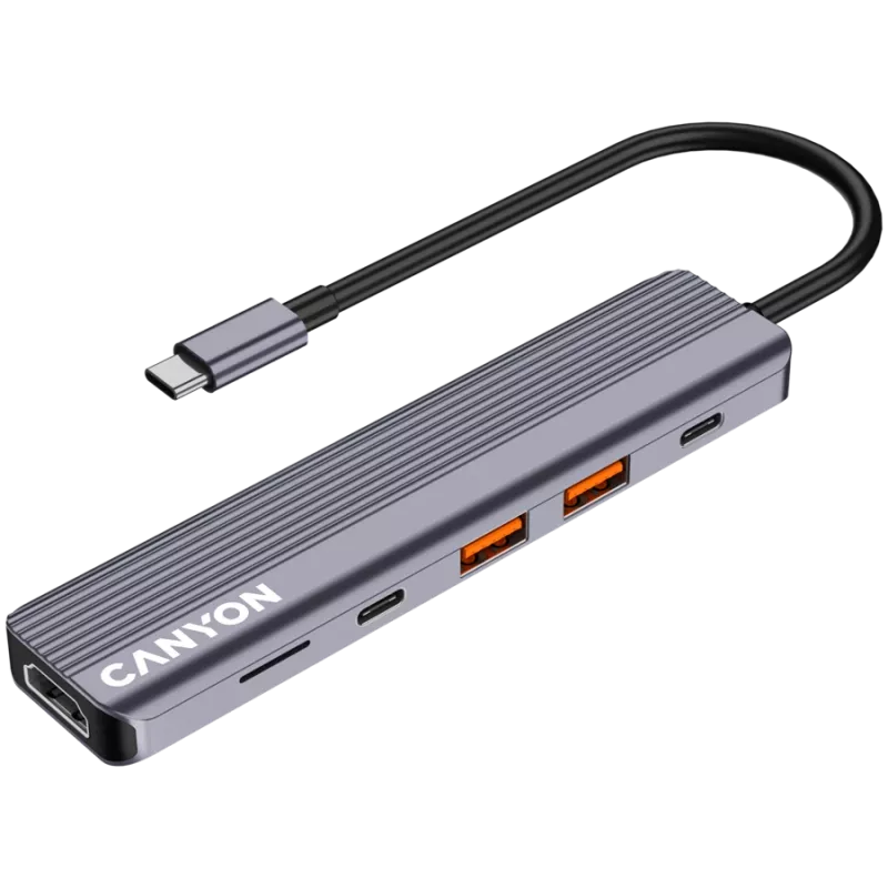 Koncentrator USB typu C CANYON DS-17 — HDMI, USB 3.2 Gen 1 A, USB-C, MicroSD, 10000 Mbit/s, szary