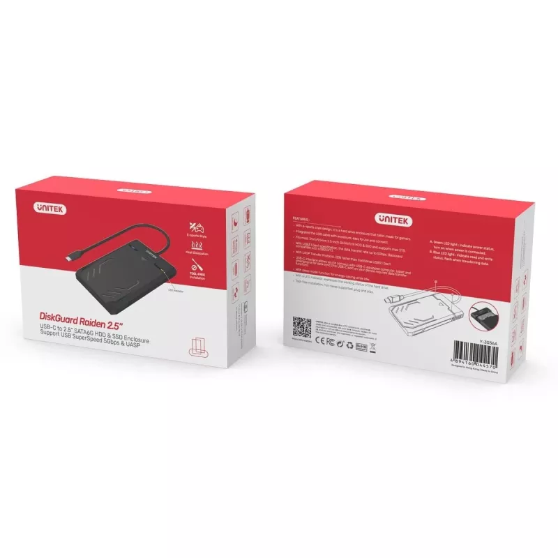 Unitek Y-3036A - DiskGuard Raiden 2.5 USB-C do SATA III 2,5” Obudowa na dysk HDD/SSD