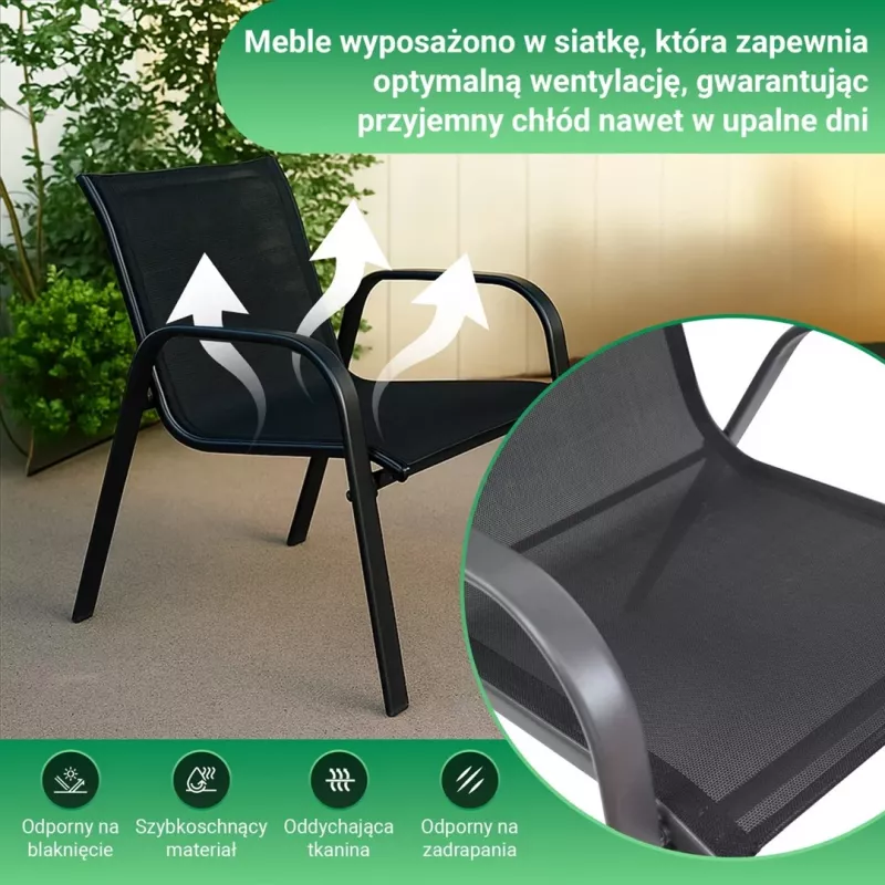 Zestaw mebli ogrodowych Extralink Czarny Forest, Textilene Dwa Krzesła + Czarny Stół