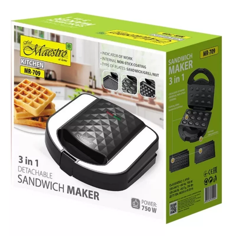 Mini piekarnik do kanapek Maestro MR-709 3w1 750 W — prasa do kanapek, płyta grillowa i do gofrów, biały