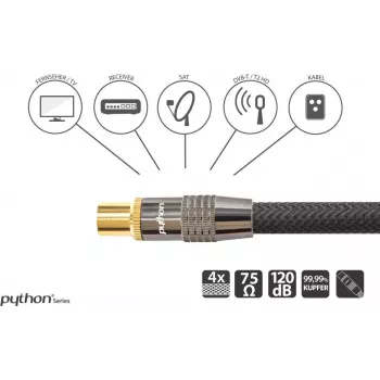 SAT Antenna Cable, IEC/Koax Plug an Socket Gold-Plated, Shielding Rating 120 db, 75 Ohm, Nylon Braiding Czarny, 1m, PYTHON® Series (GC-M2011)