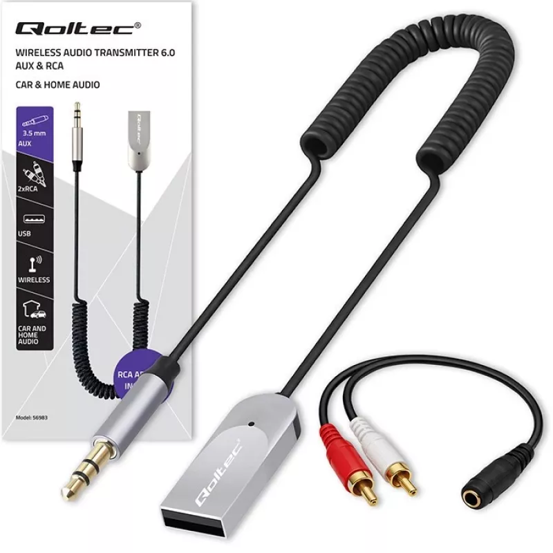 Bezprzewodowy adapter odbiornika audio QOLTEC HiFi BT6.0 2xRC – Odbiornik audio Bluetooth do głośników i radia samochodowego