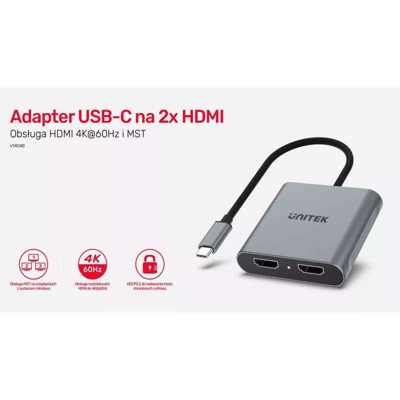 UNITEK ADAPTER USB-C, 2x HDMI, 4K@60HZ, MST, V1404B (V1404B)
