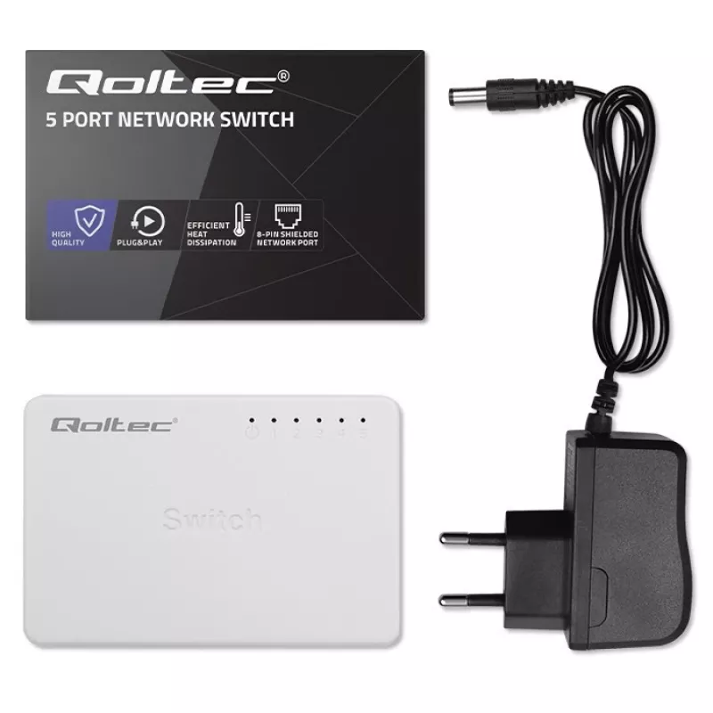 Przełącznik sieciowy QOLTEC 52247 5 x portów RJ45 1000Mbps Gigabit niezarządzalny