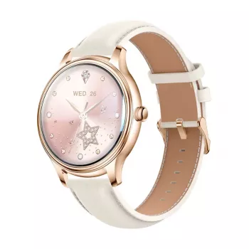 Smartwatch Colmi L28 ze złotą kopertą i złotym skórzanym paskiem