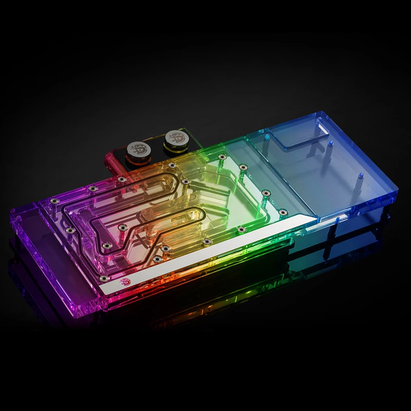 Blok wodny i backplate do GPU BitsPower BP-VG3090EVXC3 — akryl, miedź, stal chromowo-niklowa, 125,4×263,7×25 mm