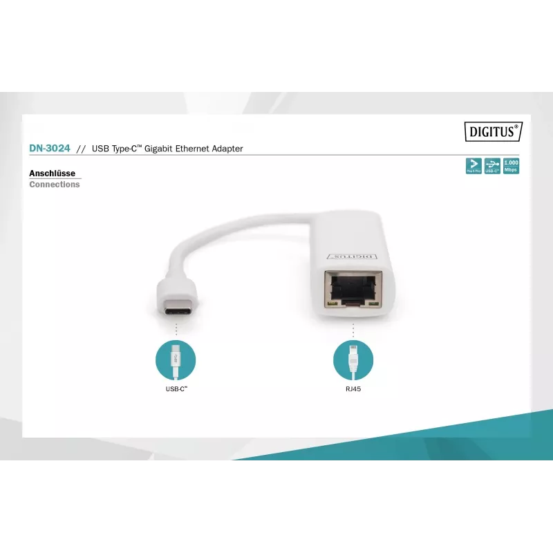 Digitus DN-3024 Adapter USB 3.0 20 cm 1x USB-C na 1x RJ45 Ekranowany