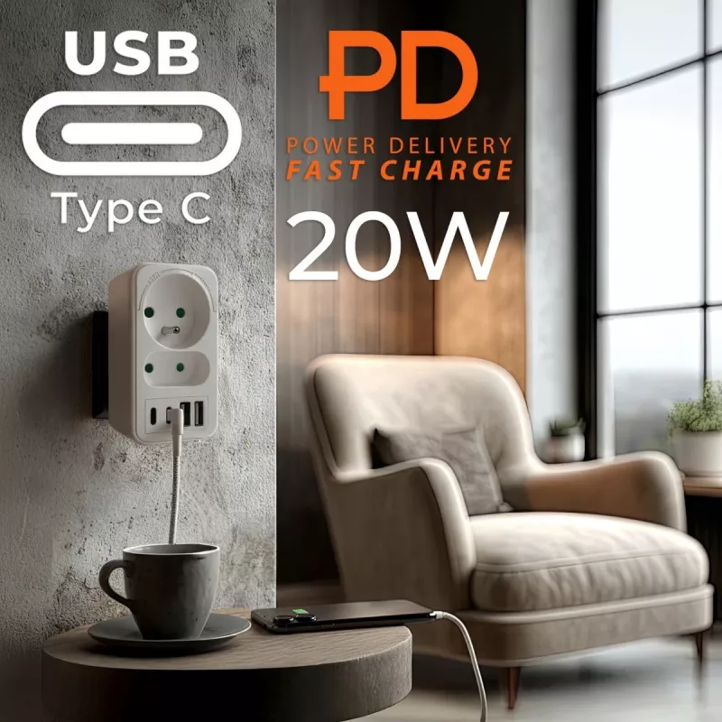 Rozdzielacz zasilania MACLEAN MCE249 F/W — 2x gniazda sieciowe (16A + 6A) i 4x USB (2x A, 2x C PD 20W)