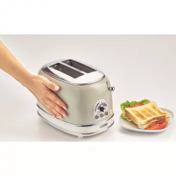 Toster Ariete 155 Design 2 kromki z koszykami do kanapek, 6 poziomów opiekania, 810 W, obudowa ze stali nierdzewnej, wysuwana tacka na okruchy, pastelowy beż