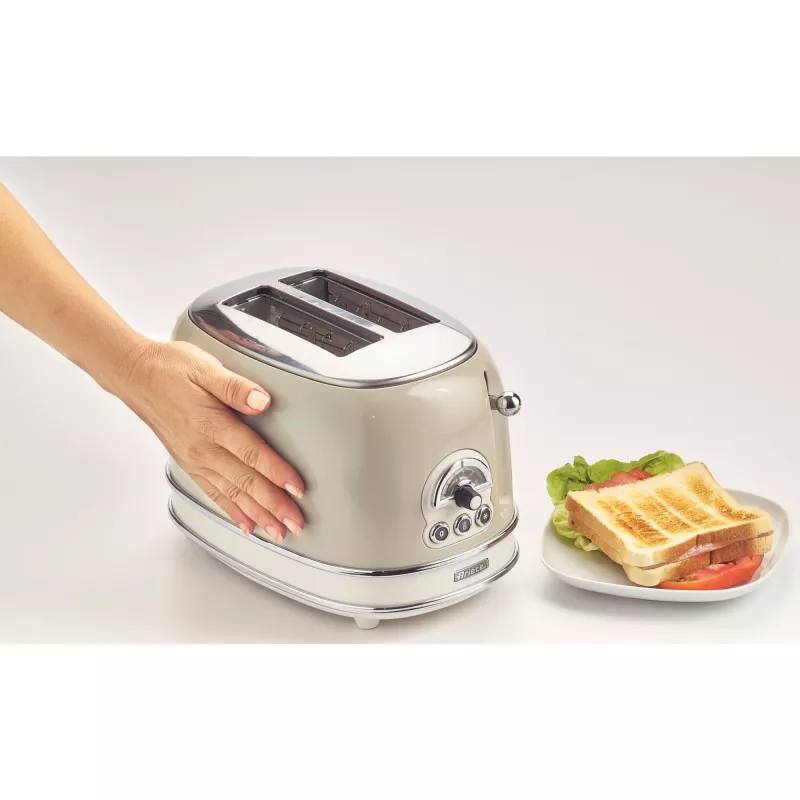 Toster Ariete 155 Design 2 kromki z koszykami do kanapek, 6 poziomów opiekania, 810 W, obudowa ze stali nierdzewnej, wysuwana tacka na okruchy, pastelowy beż