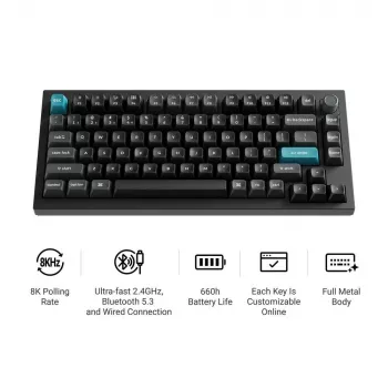 Mechaniczna klawiatura Keychron Q1 Ultra 8K — układ 75%, USB + RF Wireless + Bluetooth, RGB, czarna