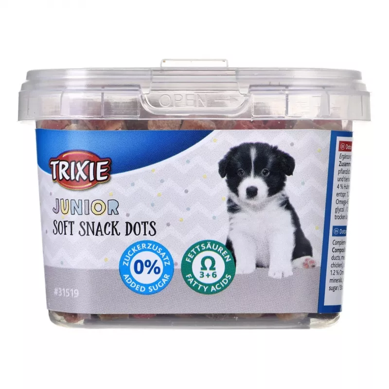 Przysmaki treningowe dla psów Trixie Junior Dots 140 g — miękkie przekąski z łososiem