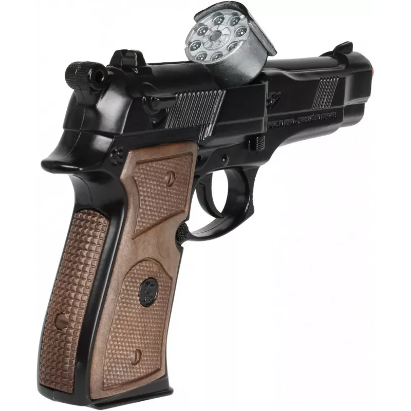 Metalowy pistolet policyjny zabawka Pulio model 15539/6 — metalowa konstrukcja, akcesorium zabawkowe