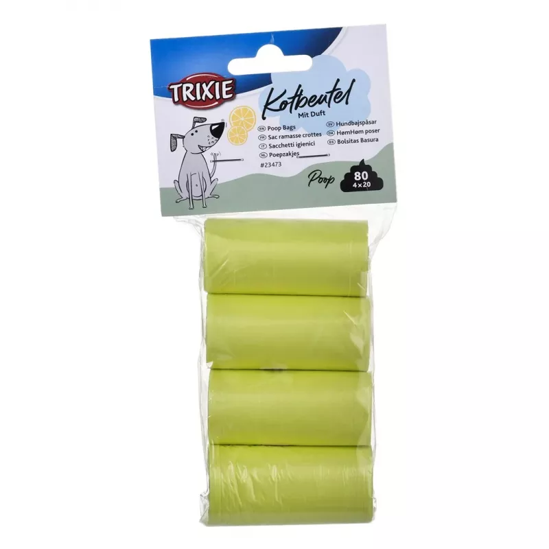 Worki na odchody Trixie Lemon Scented M — 20 szt. na rolkę, 4 rolki (80 worków), żółty plastik