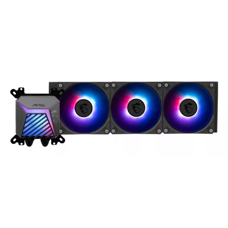 Zestaw chłodzenia cieczą All-in-one MSI MAG Coreliquid A15 360 — 3x wentylatory 120 mm, radiator 394 x 120 x 27 mm, pompa 5V, RGB, obsługuje LGA 1851