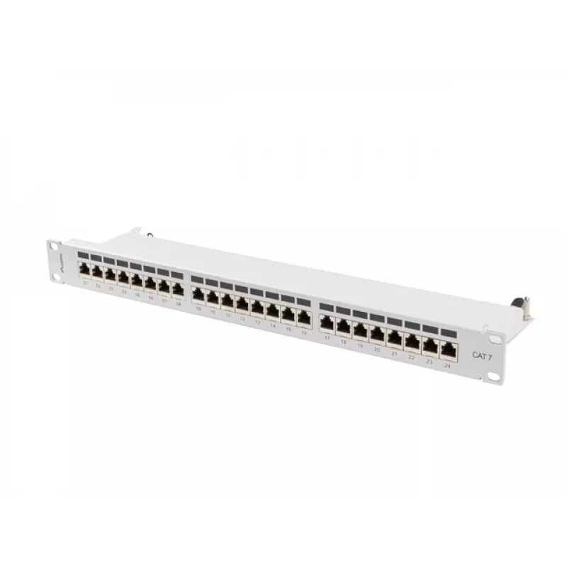 Patch panel 1U LANBERG PPS7-1024-S — 24-portowy, Cat7, F/UTP, metalowy, 1U (445×102×44,5 mm)