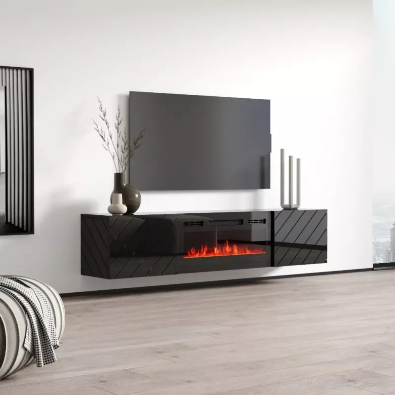 Szafka pod TV cama meble LUXE 301126 z wbudowanym kominkiem elektrycznym, 182,6×34,5×37,5 cm, czarny połysk