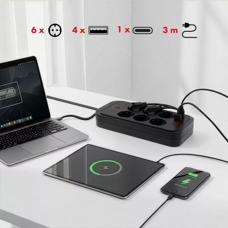 Listwa zasilająca MACLEAN MCE391 B – 6 gniazd, 4×USB-A + 1×USB-C, 110–240V, 2500W, kabel 3 m, czarna