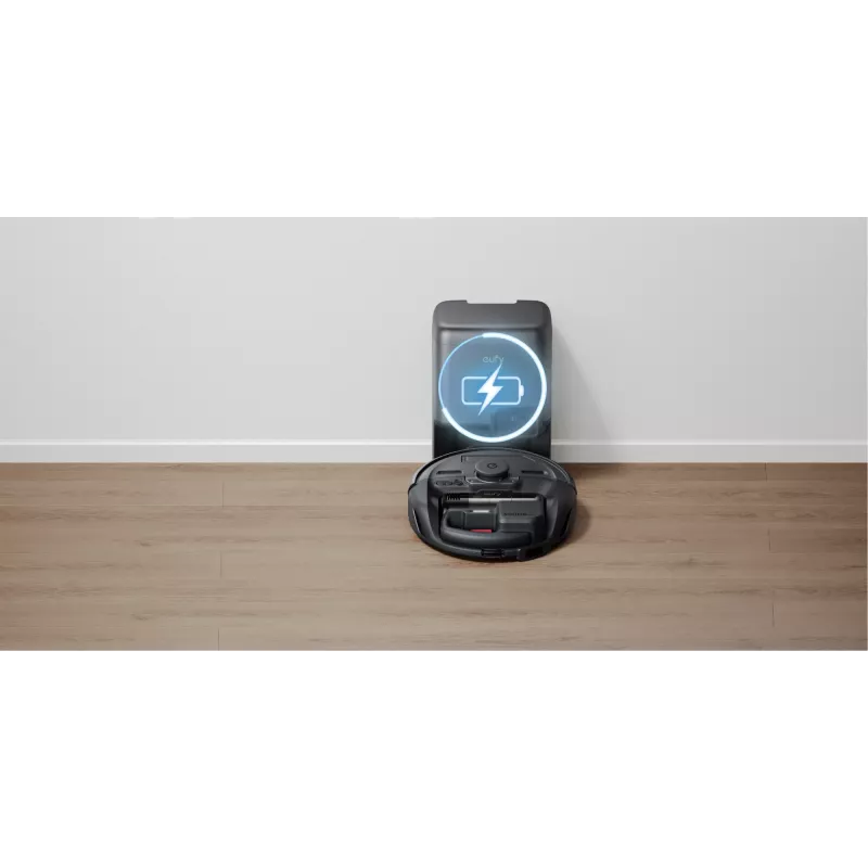 Robot odkurzający Eufy E20 Czarny — okrągły, stacja bazowa z workiem na kurz, 150 min pracy, średnica 35 cm