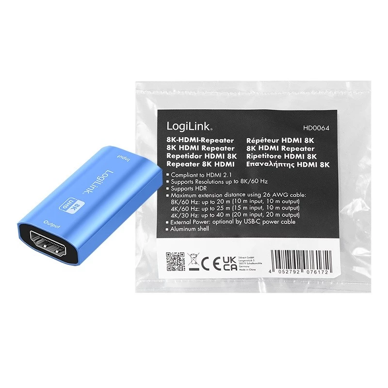 Przedłużacz HDMI, 20m, 8K 60Hz, HDCP 2.3, aluminiowy, niebieski