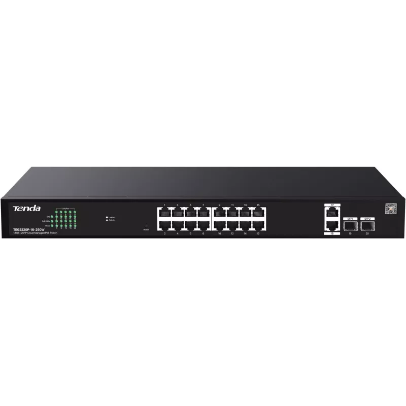 Switch TENDA TEG2220P-16-250W — Gigabit Websmart L2 Cloud PoE+ 16×1Gb/s, 230W