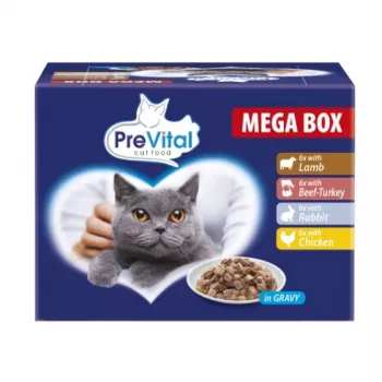 PREVITAL Megabox z karmą dla kota z jagnięciną, wołowiną, królikiem i kurczakiem w sosie - mokra karma dla kota - 24 x 100g