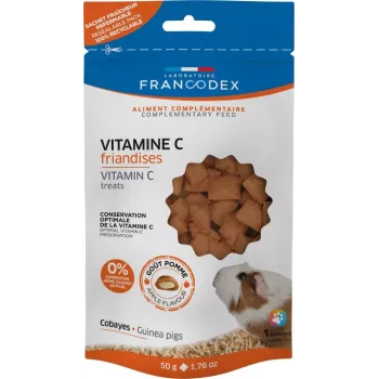 Przysmak dla świnek morskich FRANCODEX Vitamin C 50 g — saszetka o smaku owocowym, 50 g, białko 8%, tłuszcz 27%