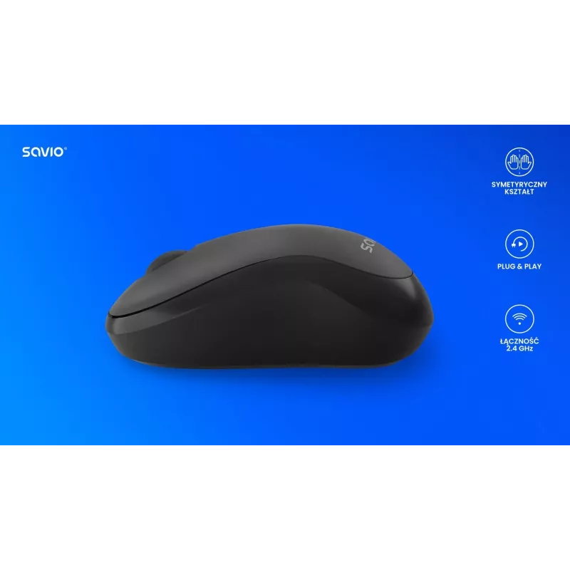 Mysz bezprzewodowa SAVIO MB-03, interfejs Bluetooth, 1000 DPI, bateria AA, 99×60×39 mm, 51 g, odbiornik w zestawie