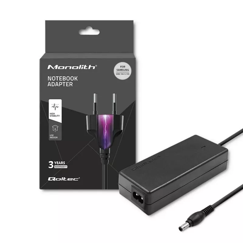 Qoltec 50015.60W Zasilacz do laptopa Samsung | 60W | 19V | 3,15A | 5,5*3,5+pin | +przewód zasilający