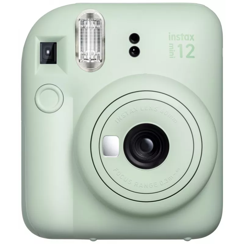 Aparat natychmiastowy Fujifilm Instax Mini 12 Zielony — zdjęcie 86x54 mm, film 62x46 mm, ogniskowa 60 mm