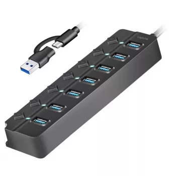 Koncentrator USB 3.2 Gen1, 7 portów z przełącznikami włącz/wyłącz, czarny