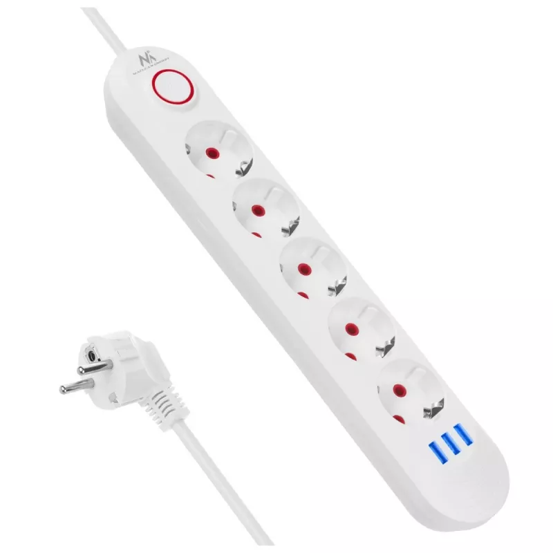 Listwa zasilająca MACLEAN MCE395 W — 5 gniazd, 3× USB A, 110–240 V AC, 2,1 A USB, maks. 2500 W, biała, kabel 1,5 m